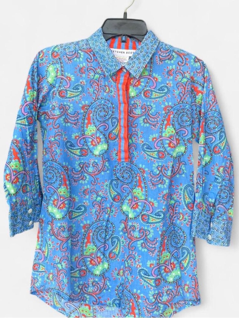 Gretchen Scott Designs Blue Paisley Men’s Button-Down Shirt with Red Trim